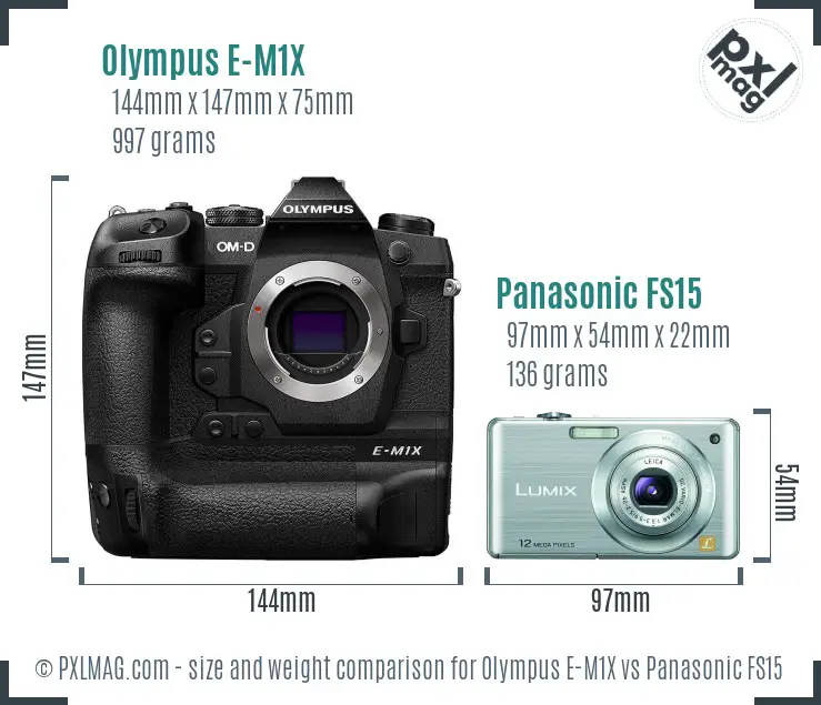 Olympus E-M1X vs Panasonic FS15 size comparison