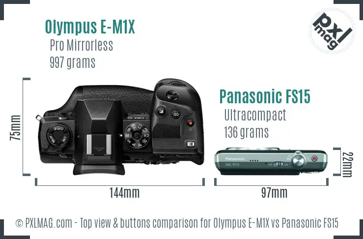 Olympus E-M1X vs Panasonic FS15 top view buttons comparison