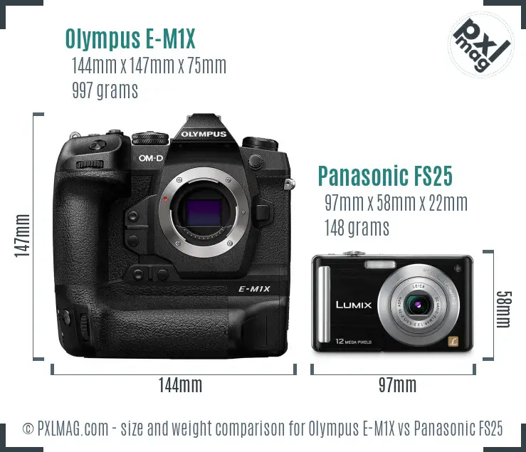 Olympus E-M1X vs Panasonic FS25 size comparison