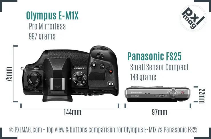 Olympus E-M1X vs Panasonic FS25 top view buttons comparison