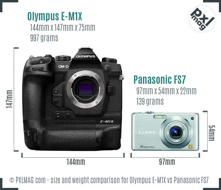 Olympus E-M1X vs Panasonic FS7 size comparison