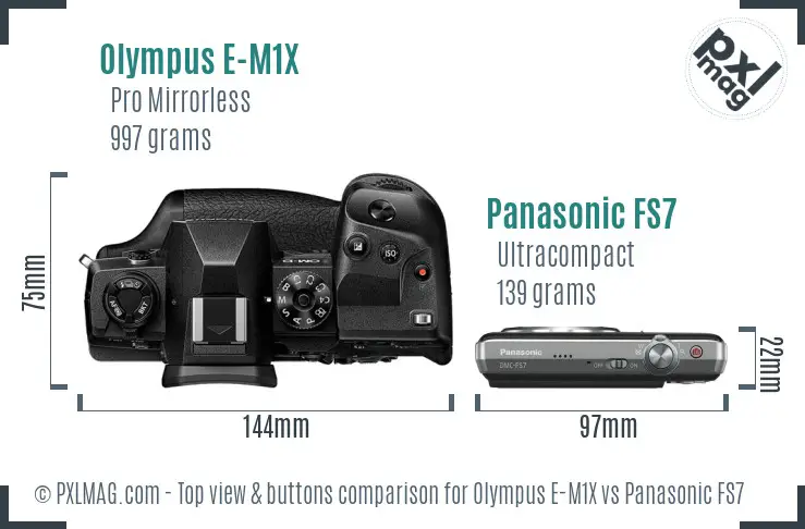 Olympus E-M1X vs Panasonic FS7 top view buttons comparison