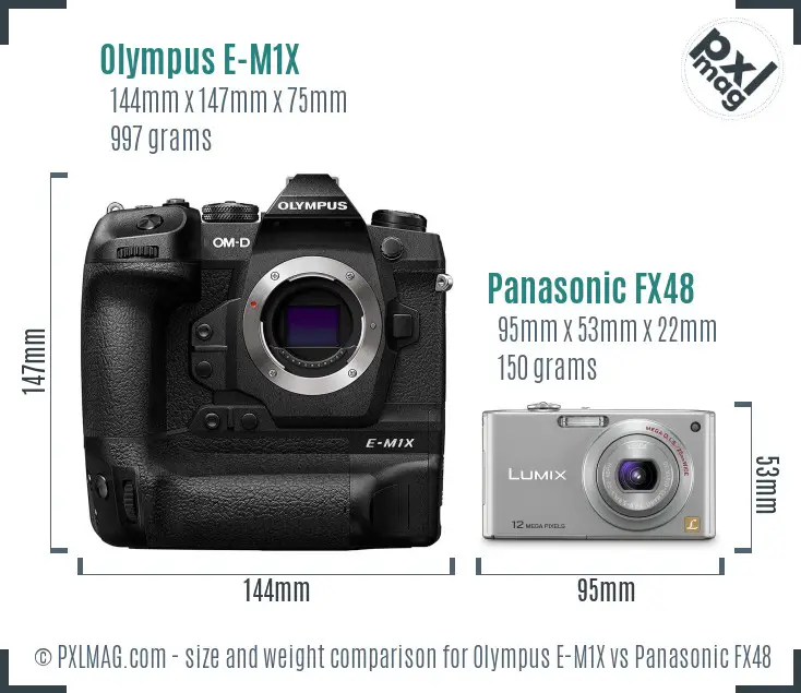 Olympus E-M1X vs Panasonic FX48 size comparison