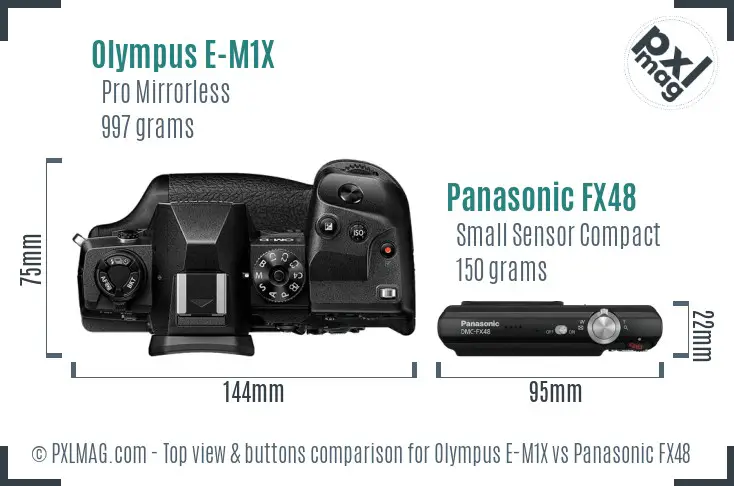 Olympus E-M1X vs Panasonic FX48 top view buttons comparison