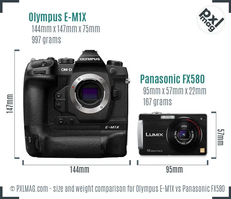 Olympus E-M1X vs Panasonic FX580 size comparison