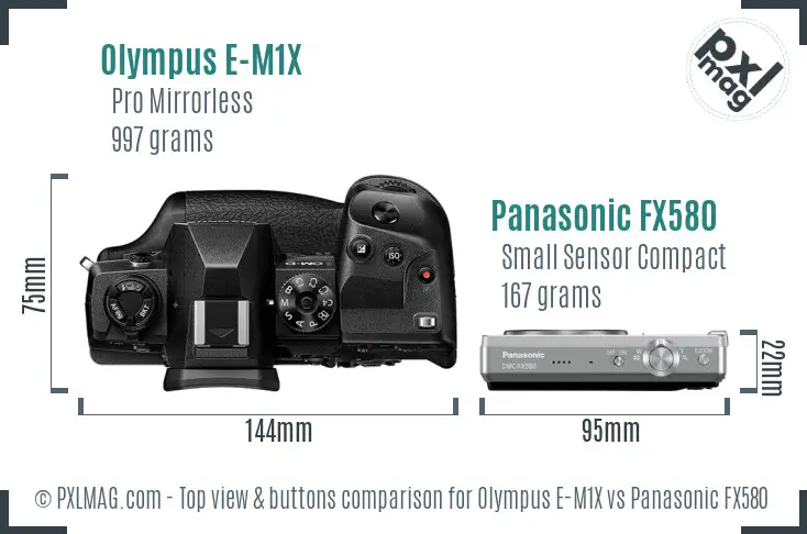 Olympus E-M1X vs Panasonic FX580 top view buttons comparison