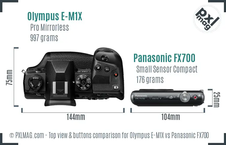 Olympus E-M1X vs Panasonic FX700 top view buttons comparison