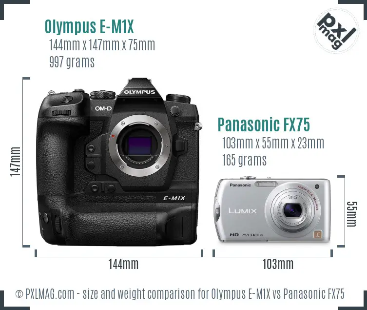 Olympus E-M1X vs Panasonic FX75 size comparison