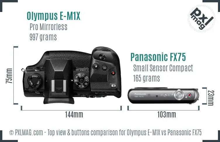 Olympus E-M1X vs Panasonic FX75 top view buttons comparison