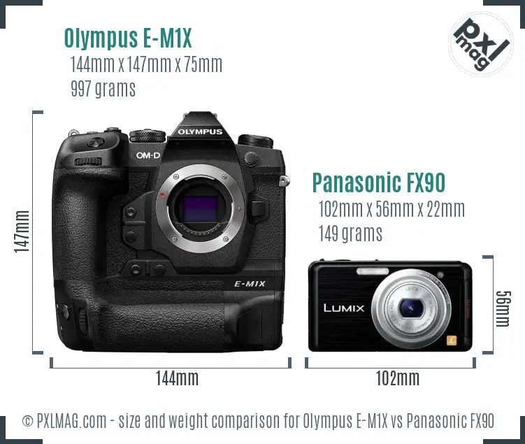 Olympus E-M1X vs Panasonic FX90 size comparison