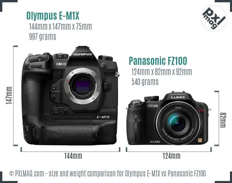 Olympus E-M1X vs Panasonic FZ100 size comparison