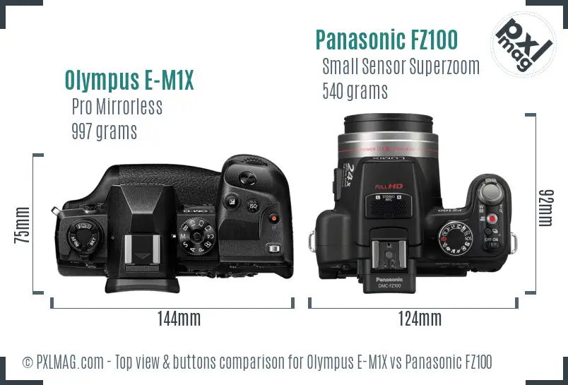 Olympus E-M1X vs Panasonic FZ100 top view buttons comparison