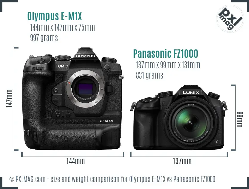 Olympus E-M1X vs Panasonic FZ1000 size comparison