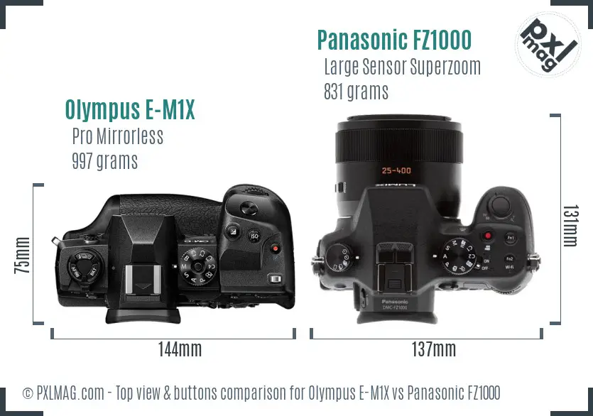 Olympus E-M1X vs Panasonic FZ1000 top view buttons comparison