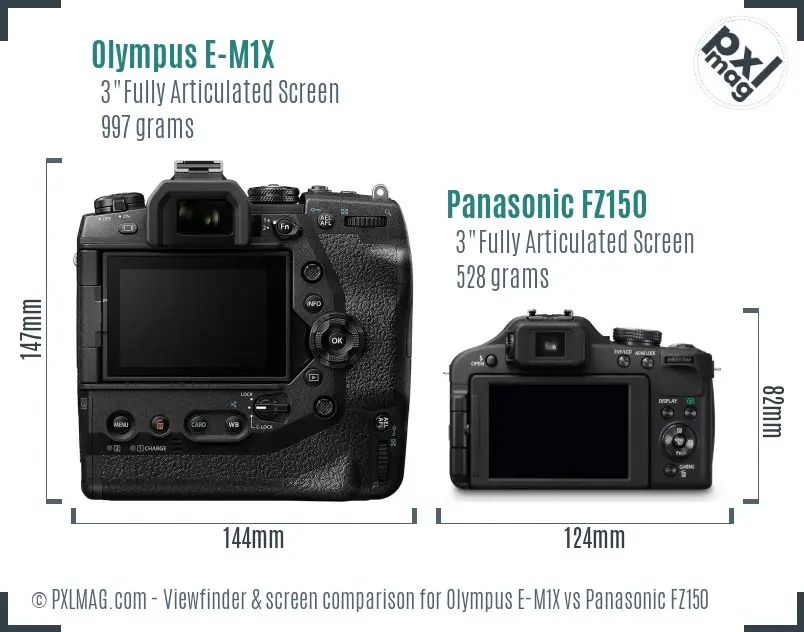 Olympus E-M1X vs Panasonic FZ150 Screen and Viewfinder comparison