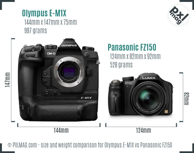 Olympus E-M1X vs Panasonic FZ150 size comparison