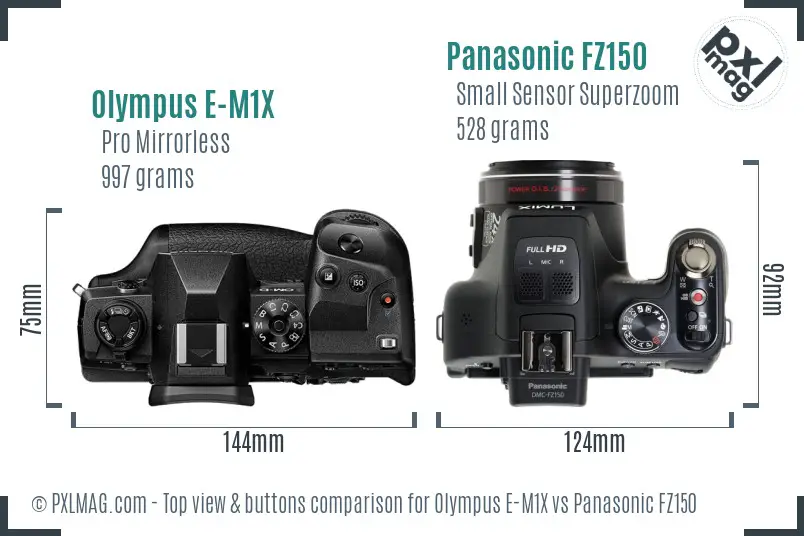 Olympus E-M1X vs Panasonic FZ150 top view buttons comparison