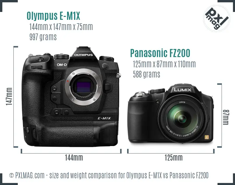 Olympus E-M1X vs Panasonic FZ200 size comparison