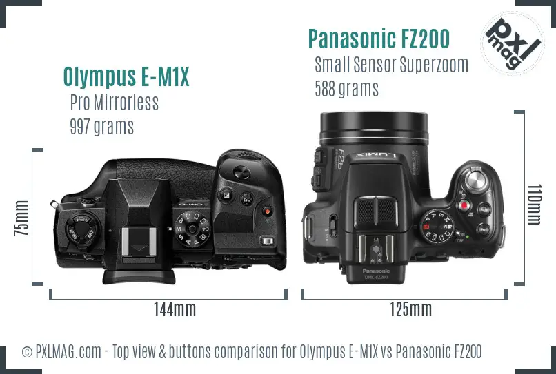 Olympus E-M1X vs Panasonic FZ200 top view buttons comparison