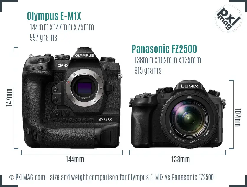 Olympus E-M1X vs Panasonic FZ2500 size comparison