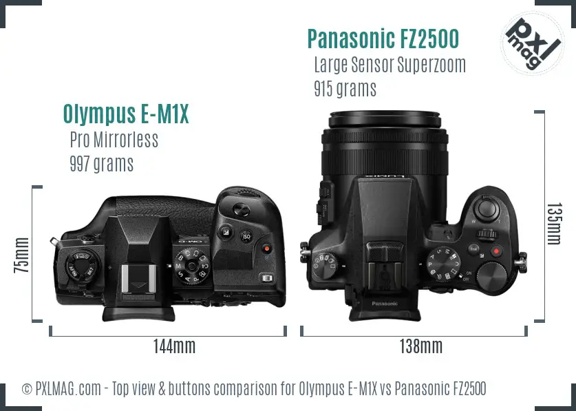 Olympus E-M1X vs Panasonic FZ2500 top view buttons comparison