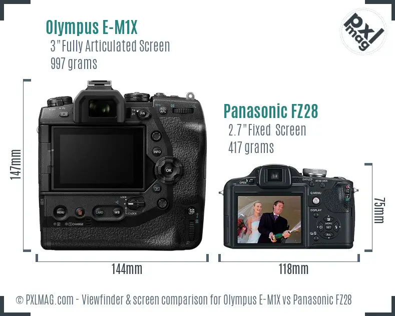 Olympus E-M1X vs Panasonic FZ28 Screen and Viewfinder comparison