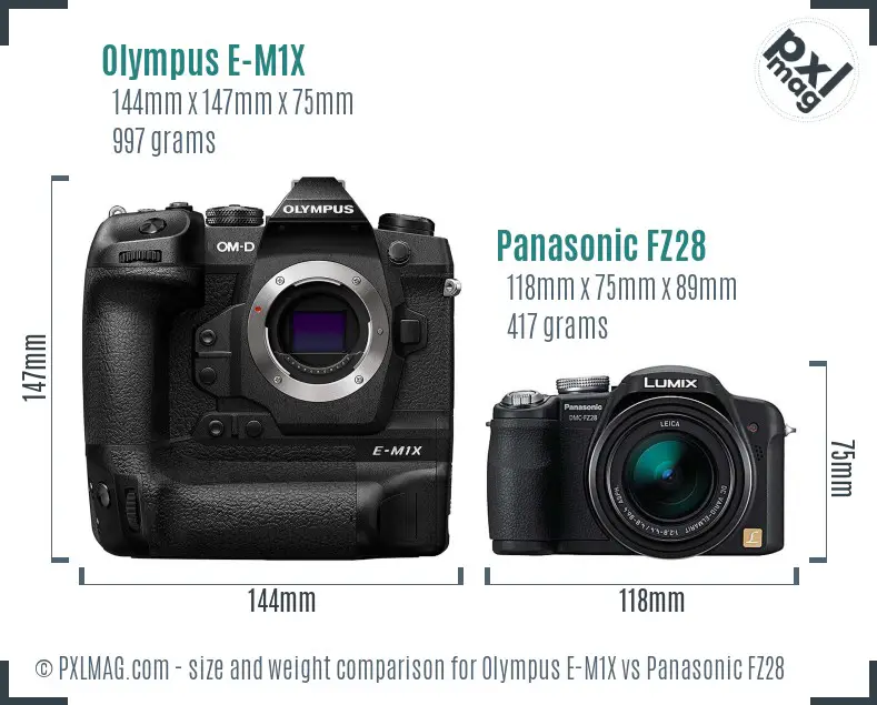 Olympus E-M1X vs Panasonic FZ28 size comparison