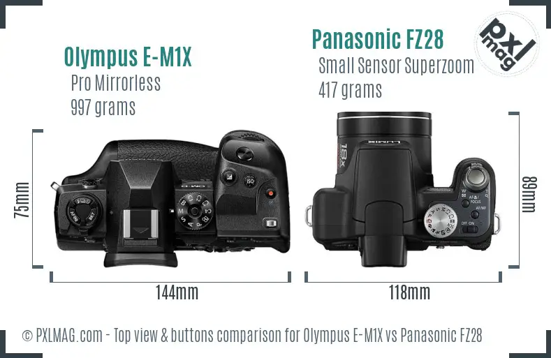 Olympus E-M1X vs Panasonic FZ28 top view buttons comparison