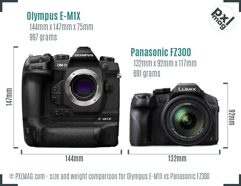 Olympus E-M1X vs Panasonic FZ300 size comparison