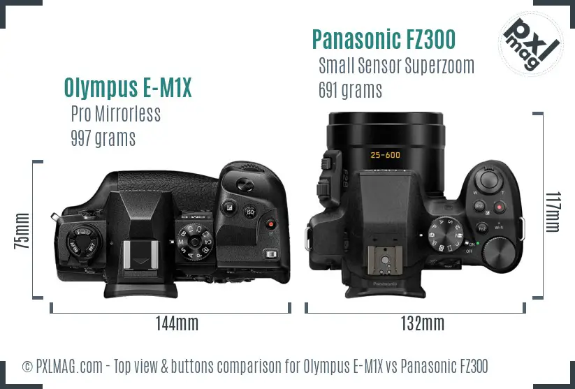 Olympus E-M1X vs Panasonic FZ300 top view buttons comparison