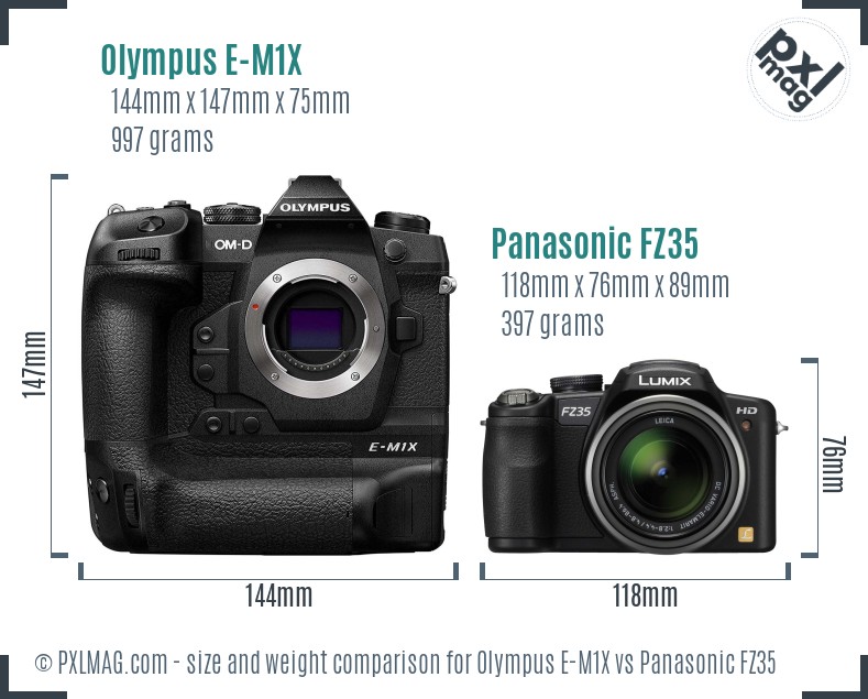 Olympus E-M1X vs Panasonic FZ35 size comparison