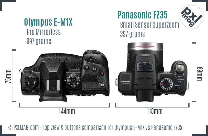 Olympus E-M1X vs Panasonic FZ35 top view buttons comparison