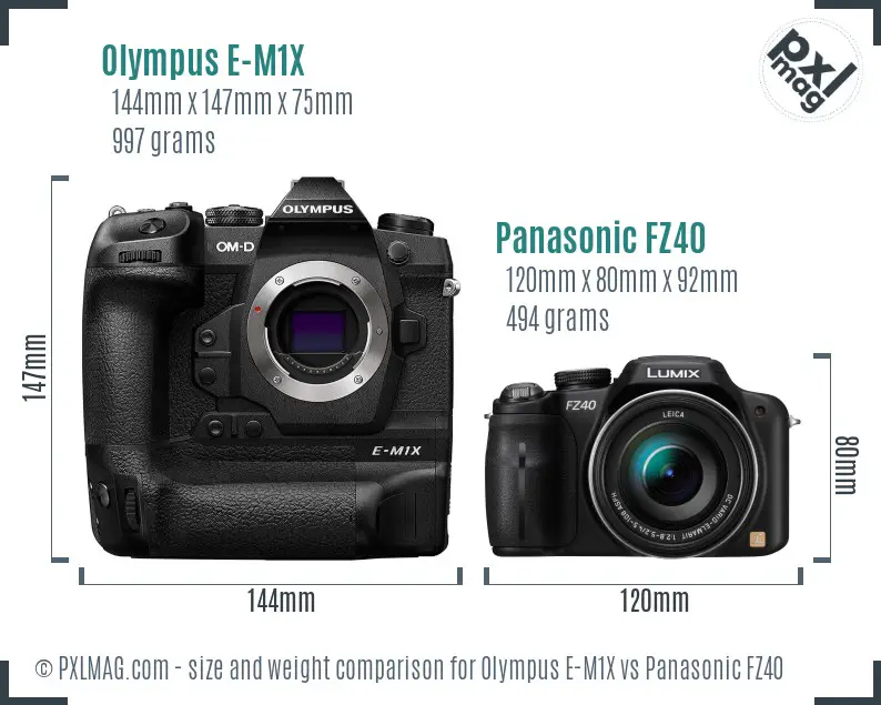 Olympus E-M1X vs Panasonic FZ40 size comparison