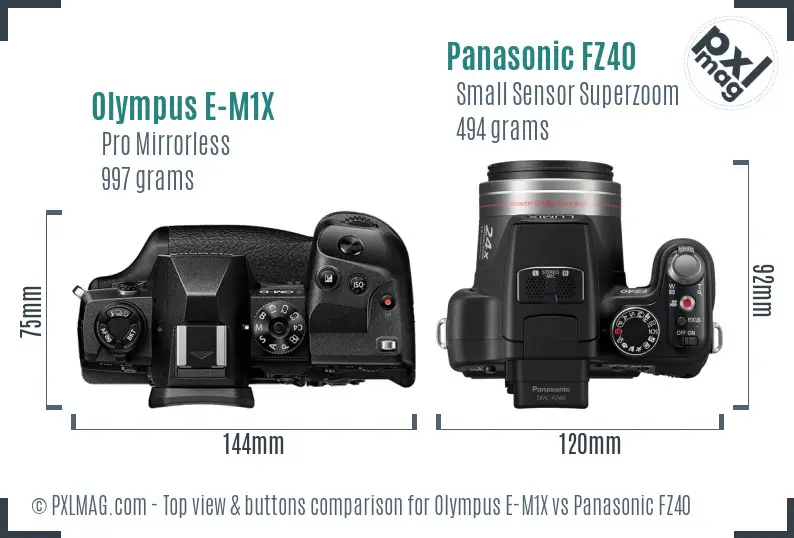 Olympus E-M1X vs Panasonic FZ40 top view buttons comparison