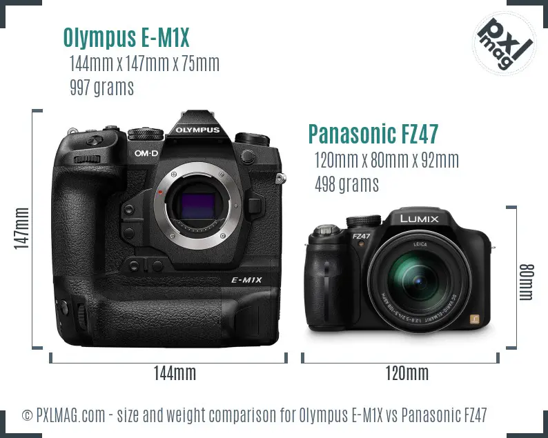 Olympus E-M1X vs Panasonic FZ47 size comparison