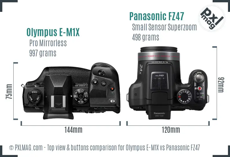 Olympus E-M1X vs Panasonic FZ47 top view buttons comparison