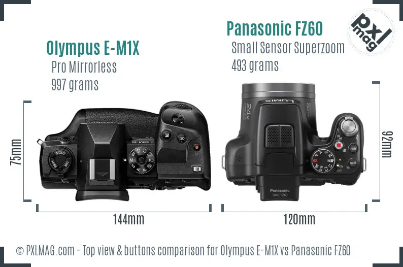 Olympus E-M1X vs Panasonic FZ60 top view buttons comparison