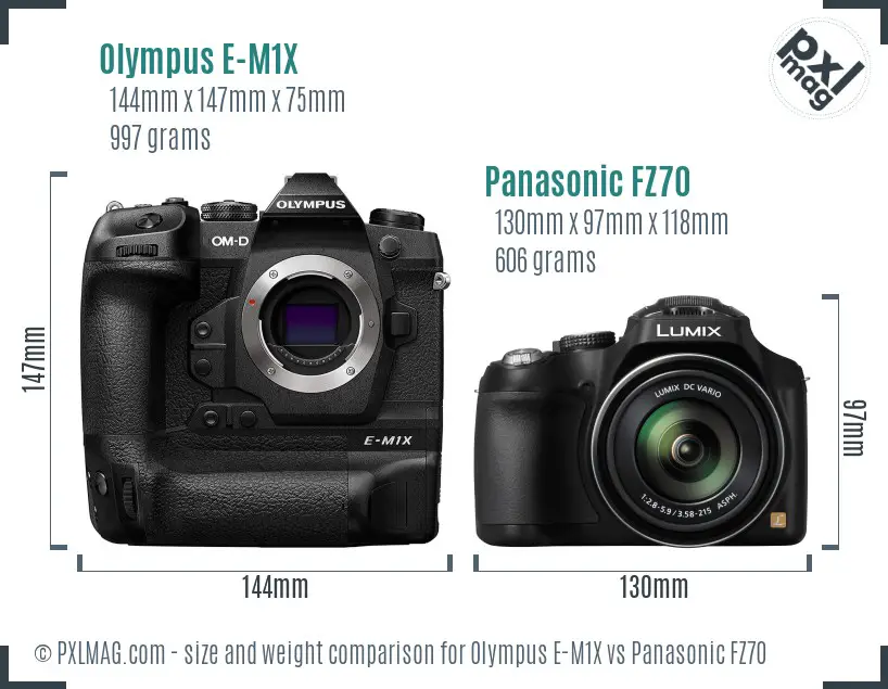 Olympus E-M1X vs Panasonic FZ70 size comparison