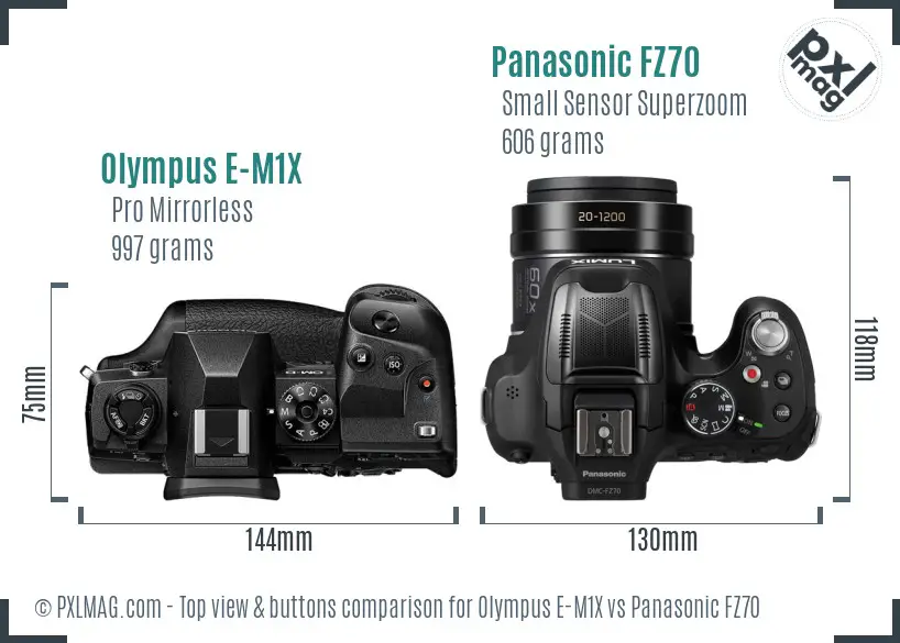 Olympus E-M1X vs Panasonic FZ70 top view buttons comparison