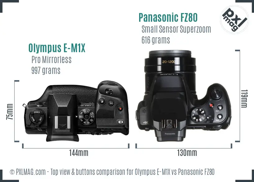 Olympus E-M1X vs Panasonic FZ80 top view buttons comparison