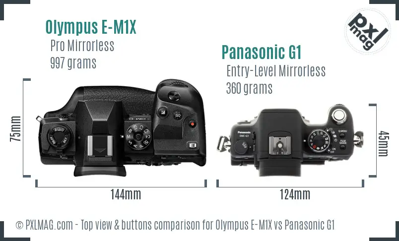 Olympus E-M1X vs Panasonic G1 top view buttons comparison
