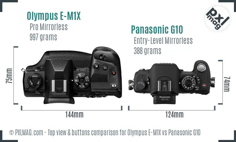 Olympus E-M1X vs Panasonic G10 top view buttons comparison