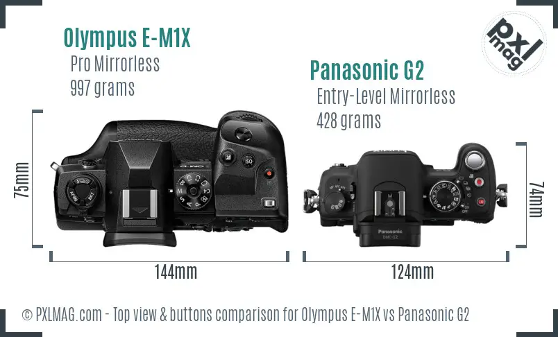 Olympus E-M1X vs Panasonic G2 top view buttons comparison