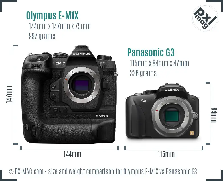 Olympus E-M1X vs Panasonic G3 size comparison