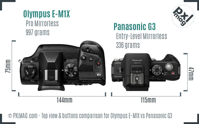 Olympus E-M1X vs Panasonic G3 top view buttons comparison