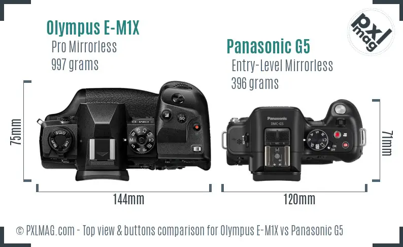 Olympus E-M1X vs Panasonic G5 top view buttons comparison