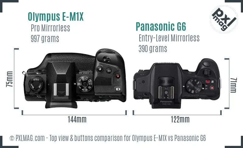 Olympus E-M1X vs Panasonic G6 top view buttons comparison