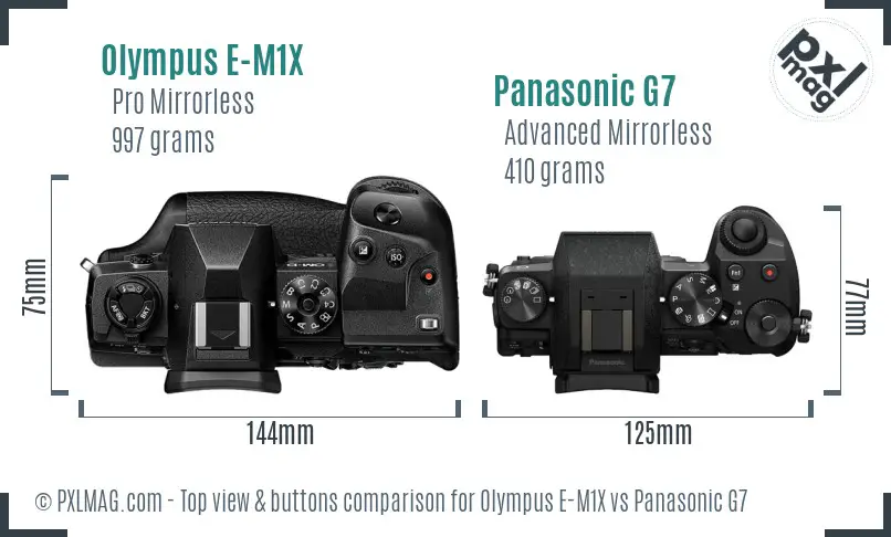 Olympus E-M1X vs Panasonic G7 top view buttons comparison