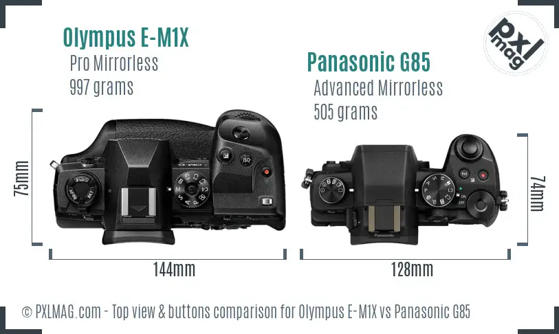 Olympus E-M1X vs Panasonic G85 top view buttons comparison
