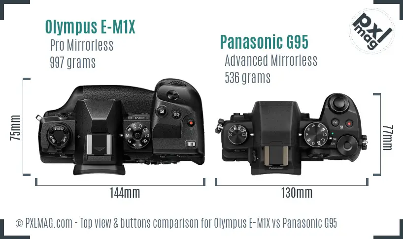 Olympus E-M1X vs Panasonic G95 top view buttons comparison